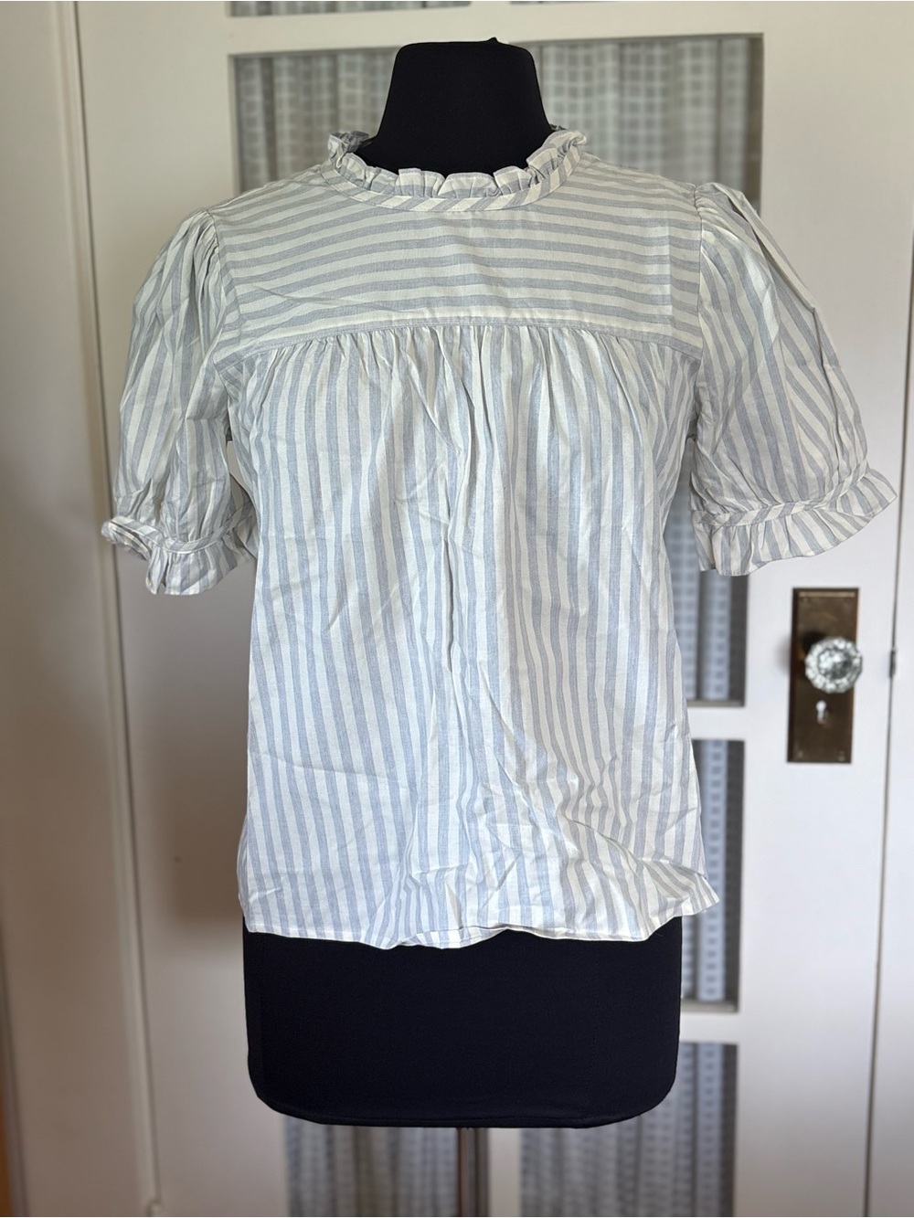 Madewell Blue and White Striped Ruffle-Yoke Puff Sleeve Top